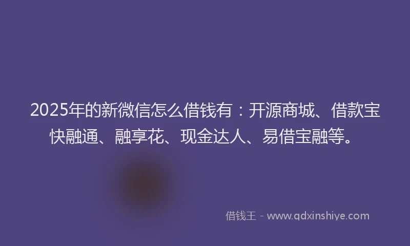2025年的新微信怎么借钱有：开源商城、借款宝快融通、融享花、现金达人、易借宝融等。