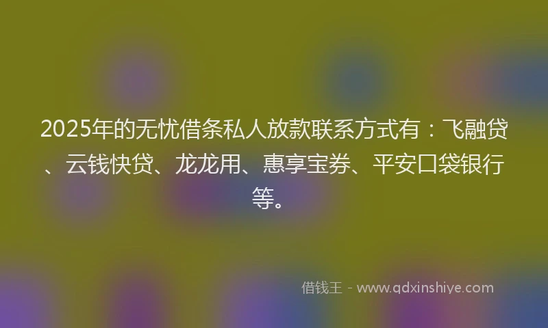 2025年的无忧借条私人放款联系方式有：飞融贷、云钱快贷、龙龙用、惠享宝券、平安口袋银行等。