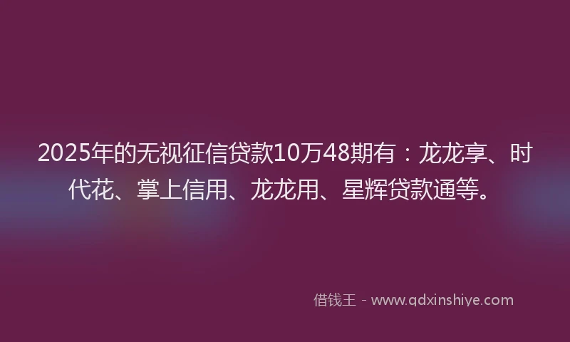 2025年的无视征信贷款10万48期有：龙龙享、时代花、掌上信用、龙龙用、星辉贷款通等。