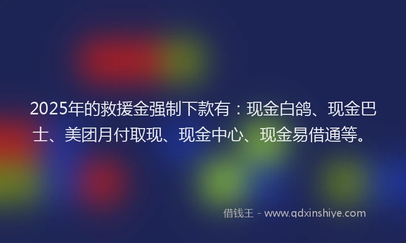 2025年的救援金强制下款有：现金白鸽、现金巴士、美团月付取现、现金中心、现金易借通等。