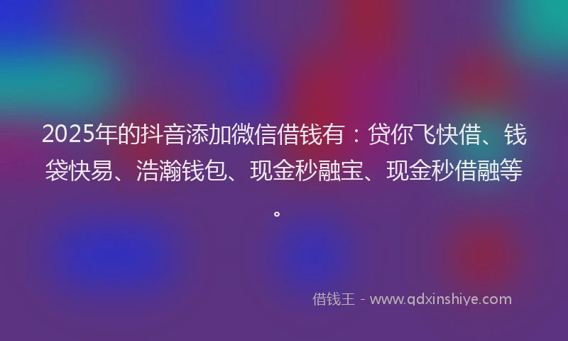2025年的抖音添加微信借钱有：贷你飞快借、钱袋快易、浩瀚钱包、现金秒融宝、现金秒借融等。