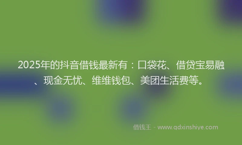 2025年的抖音借钱最新有：口袋花、借贷宝易融、现金无忧、维维钱包、美团生活费等。