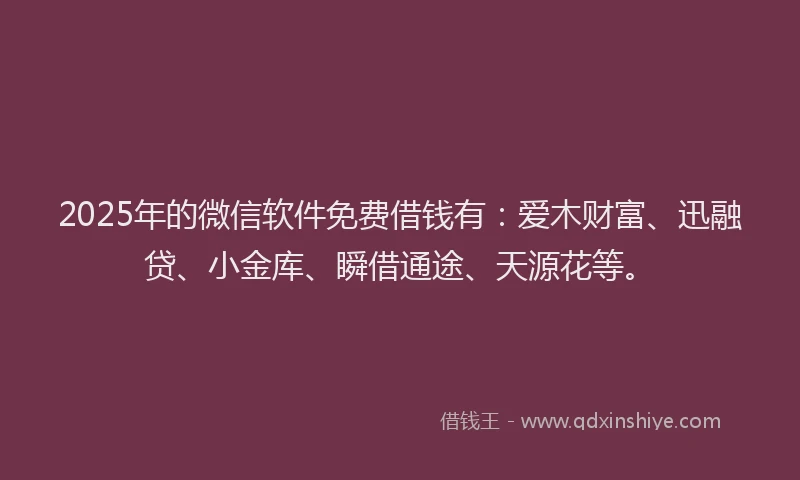 2025年的微信软件免费借钱有：爱木财富、迅融贷、小金库、瞬借通途、天源花等。