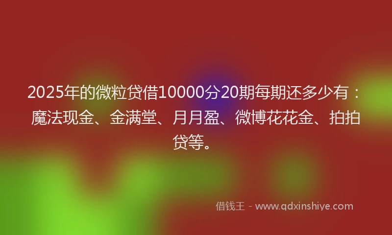 2025年的微粒贷借10000分20期每期还多少有：魔法现金、金满堂、月月盈、微博花花金、拍拍贷等。