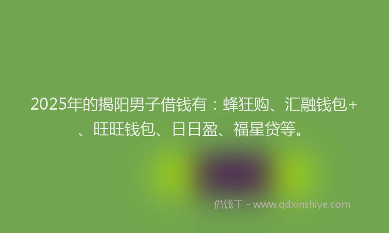 2025年的揭阳男子借钱有：蜂狂购、汇融钱包+、旺旺钱包、日日盈、福星贷等。