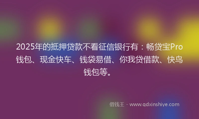 2025年的抵押贷款不看征信银行有：畅贷宝Pro钱包、现金快车、钱袋易借、你我贷借款、快鸟钱包等。
