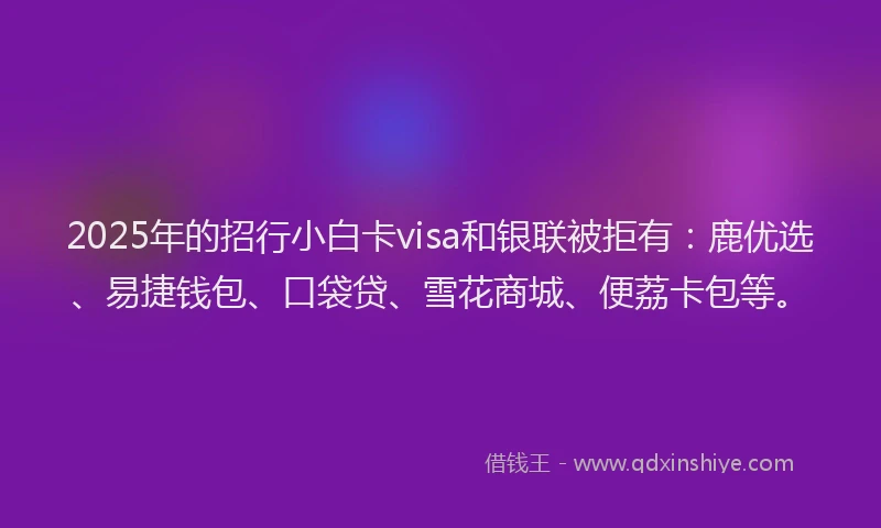 2025年的招行小白卡visa和银联被拒有：鹿优选、易捷钱包、口袋贷、雪花商城、便荔卡包等。