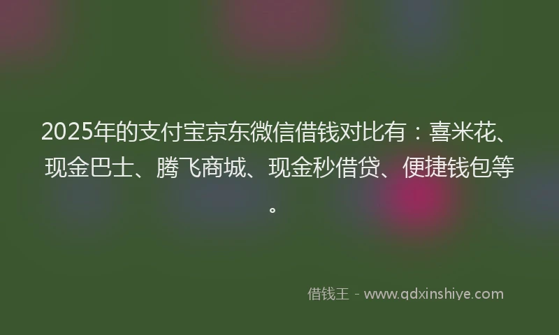 2025年的支付宝京东微信借钱对比有：喜米花、现金巴士、腾飞商城、现金秒借贷、便捷钱包等。