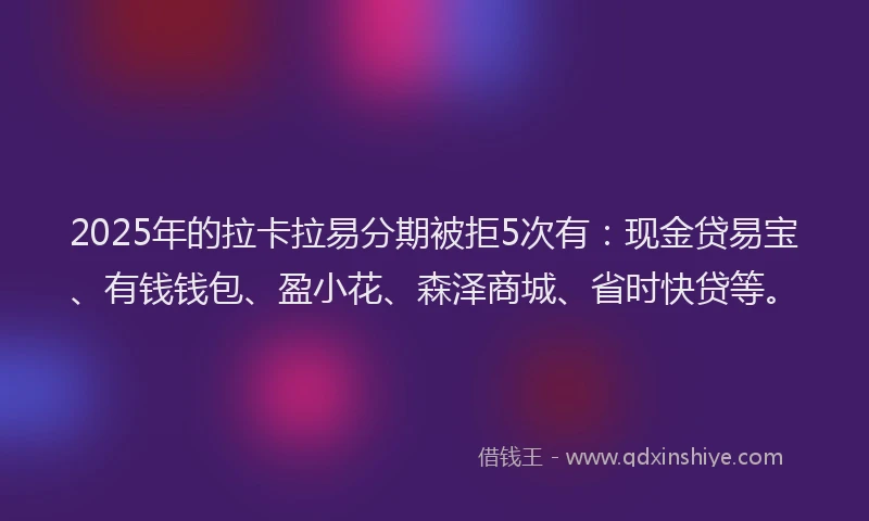 2025年的拉卡拉易分期被拒5次有：现金贷易宝、有钱钱包、盈小花、森泽商城、省时快贷等。