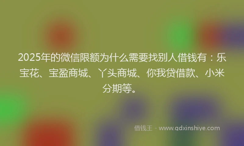 2025年的微信限额为什么需要找别人借钱有：乐宝花、宝盈商城、丫头商城、你我贷借款、小米分期等。