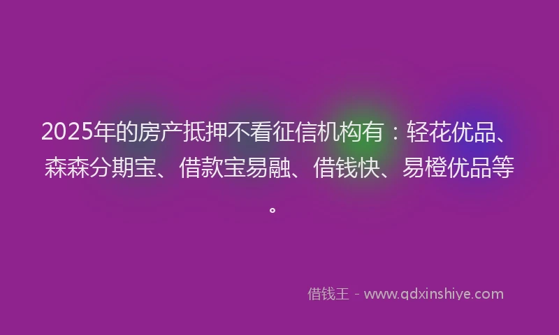 2025年的房产抵押不看征信机构有：轻花优品、森森分期宝、借款宝易融、借钱快、易橙优品等。