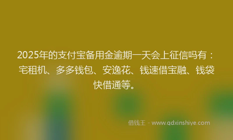 2025年的支付宝备用金逾期一天会上征信吗有：宅租机、多多钱包、安逸花、钱速借宝融、钱袋快借通等。
