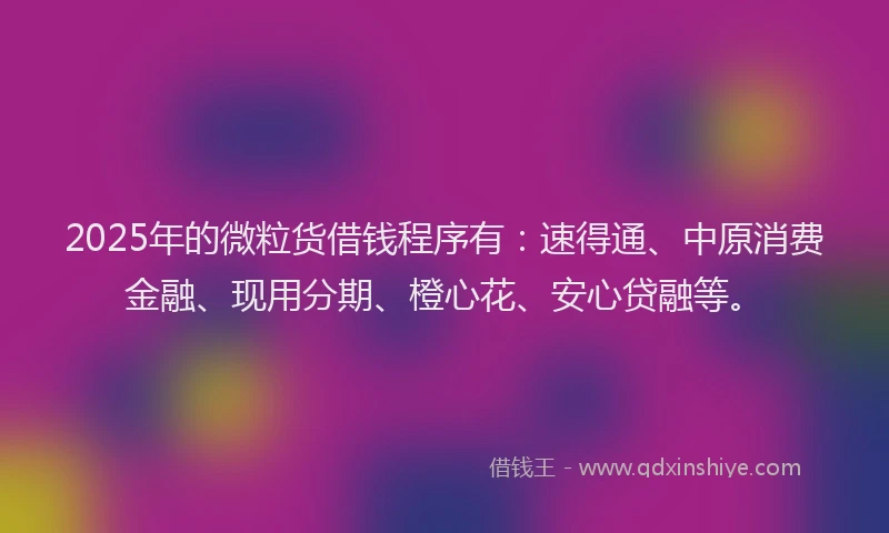 2025年的微粒货借钱程序有：速得通、中原消费金融、现用分期、橙心花、安心贷融等。