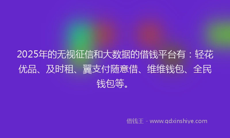 2025年的无视征信和大数据的借钱平台有：轻花优品、及时租、翼支付随意借、维维钱包、全民钱包等。