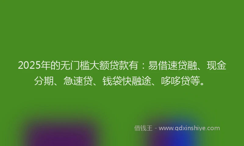 2025年的无门槛大额贷款有：易借速贷融、现金分期、急速贷、钱袋快融途、哆哆贷等。
