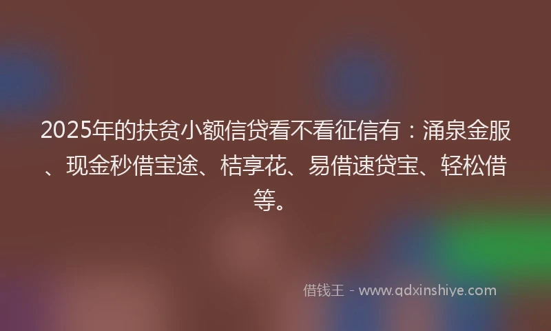 2025年的扶贫小额信贷看不看征信有：涌泉金服、现金秒借宝途、桔享花、易借速贷宝、轻松借等。