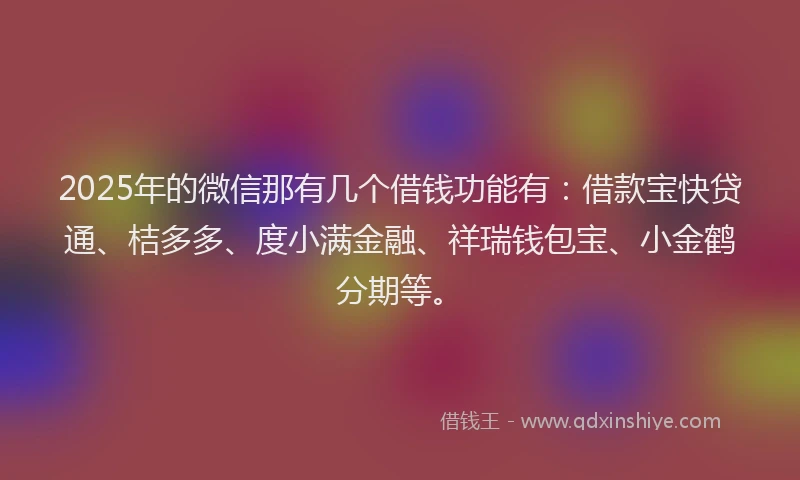 2025年的微信那有几个借钱功能有：借款宝快贷通、桔多多、度小满金融、祥瑞钱包宝、小金鹤分期等。