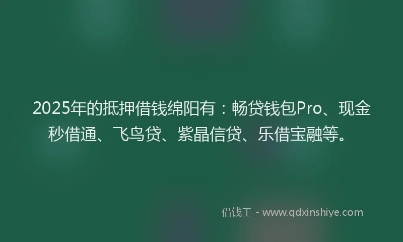 2025年的抵押借钱绵阳有：畅贷钱包Pro、现金秒借通、飞鸟贷、紫晶信贷、乐借宝融等。