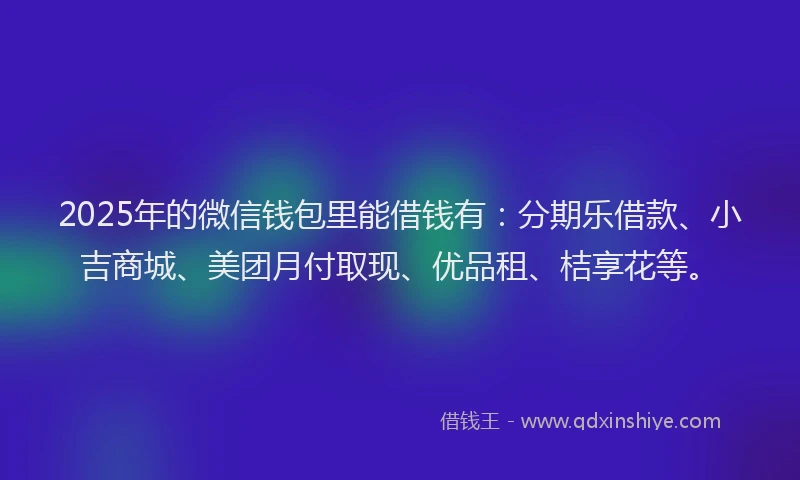 2025年的微信钱包里能借钱有：分期乐借款、小吉商城、美团月付取现、优品租、桔享花等。