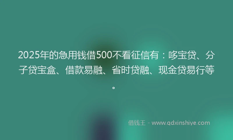 2025年的急用钱借500不看征信有：哆宝贷、分子贷宝盒、借款易融、省时贷融、现金贷易行等。