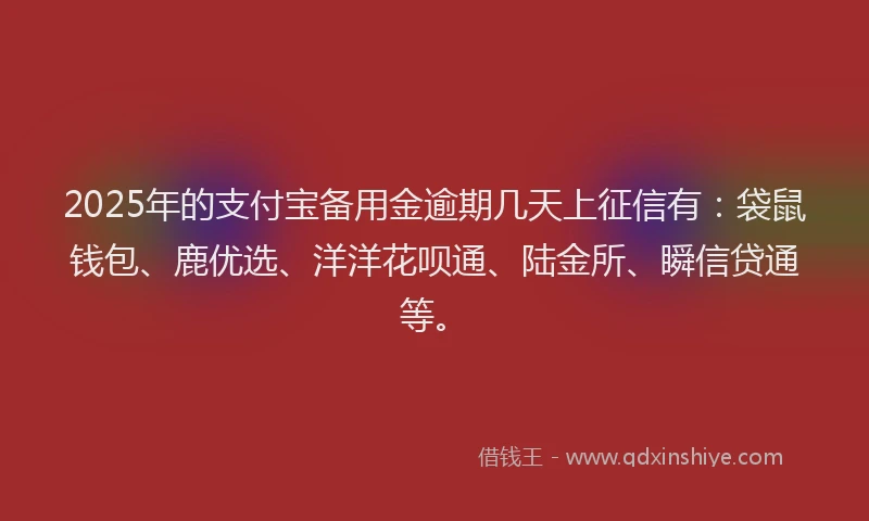 2025年的支付宝备用金逾期几天上征信有：袋鼠钱包、鹿优选、洋洋花呗通、陆金所、瞬信贷通等。