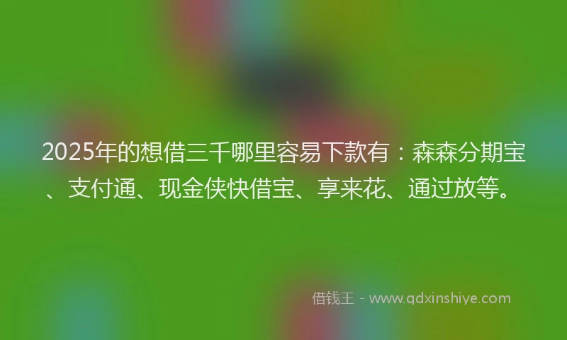 2025年的想借三千哪里容易下款有：森森分期宝、支付通、现金侠快借宝、享来花、通过放等。