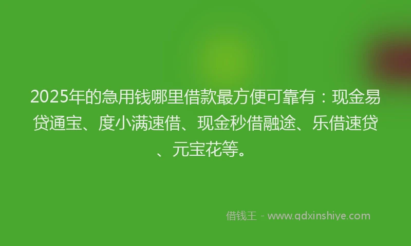 2025年的急用钱哪里借款最方便可靠有：现金易贷通宝、度小满速借、现金秒借融途、乐借速贷、元宝花等。