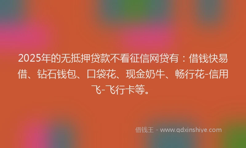 2025年的无抵押贷款不看征信网贷有：借钱快易借、钻石钱包、口袋花、现金奶牛、畅行花-信用飞-飞行卡等。