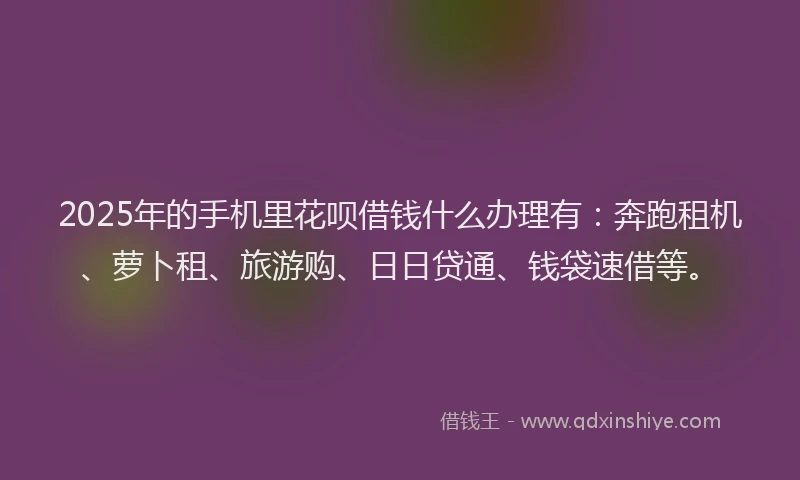 2025年的手机里花呗借钱什么办理有：奔跑租机、萝卜租、旅游购、日日贷通、钱袋速借等。