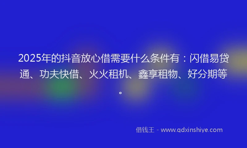 2025年的抖音放心借需要什么条件有：闪借易贷通、功夫快借、火火租机、鑫享租物、好分期等。