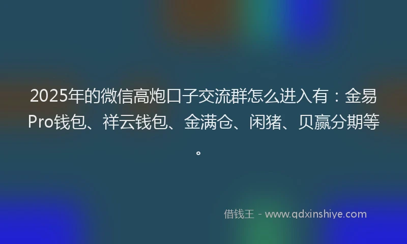 2025年的微信高炮口子交流群怎么进入有：金易Pro钱包、祥云钱包、金满仓、闲猪、贝赢分期等。