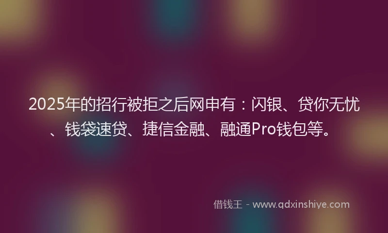2025年的招行被拒之后网申有：闪银、贷你无忧、钱袋速贷、捷信金融、融通Pro钱包等。