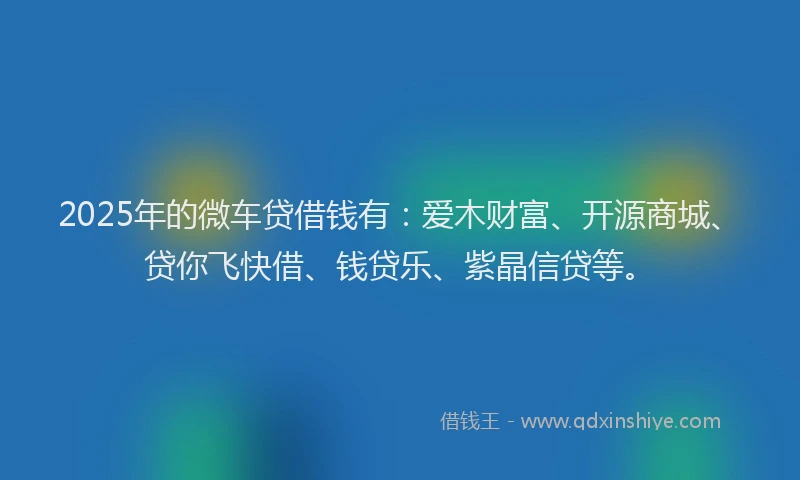2025年的微车贷借钱有：爱木财富、开源商城、贷你飞快借、钱贷乐、紫晶信贷等。