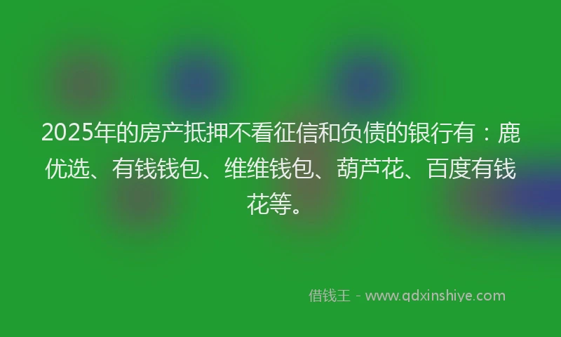 2025年的房产抵押不看征信和负债的银行有：鹿优选、有钱钱包、维维钱包、葫芦花、百度有钱花等。