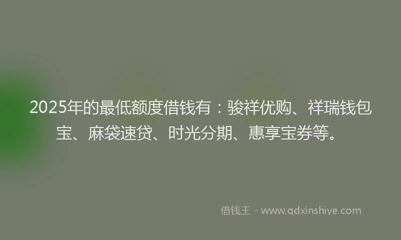 2025年的最低额度借钱有：骏祥优购、祥瑞钱包宝、麻袋速贷、时光分期、惠享宝券等。
