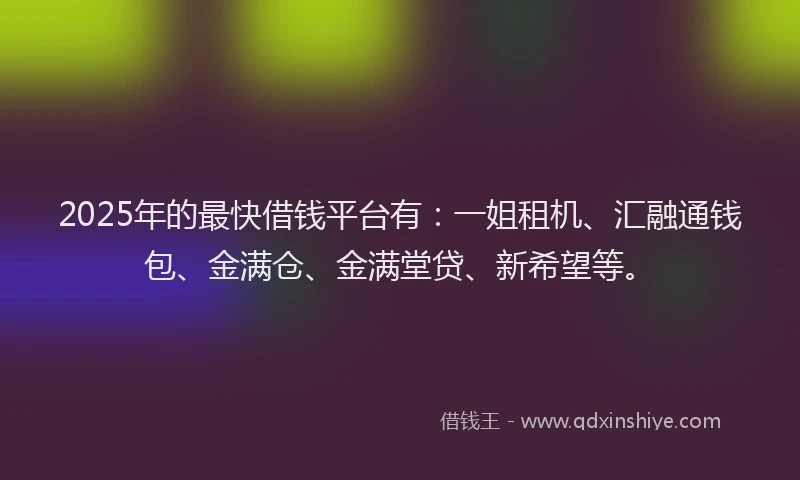 2025年的最快借钱平台有：一姐租机、汇融通钱包、金满仓、金满堂贷、新希望等。