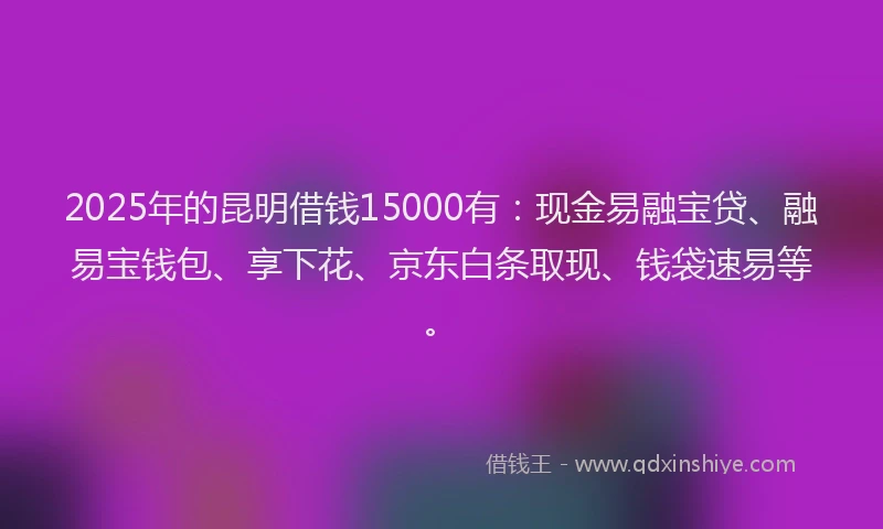 2025年的昆明借钱15000有：现金易融宝贷、融易宝钱包、享下花、京东白条取现、钱袋速易等。