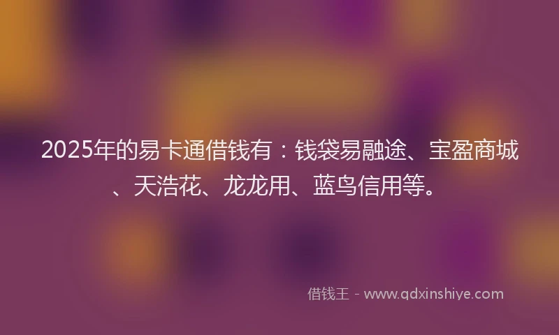 2025年的易卡通借钱有：钱袋易融途、宝盈商城、天浩花、龙龙用、蓝鸟信用等。
