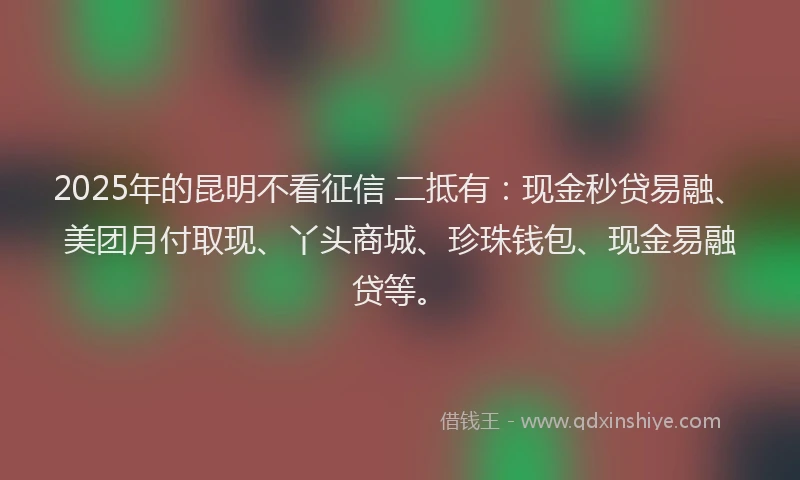2025年的昆明不看征信 二抵有：现金秒贷易融、美团月付取现、丫头商城、珍珠钱包、现金易融贷等。