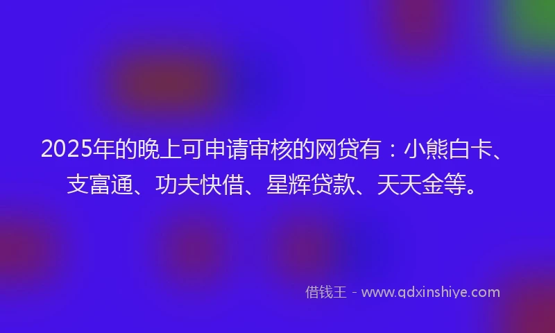 2025年的晚上可申请审核的网贷有：小熊白卡、支富通、功夫快借、星辉贷款、天天金等。