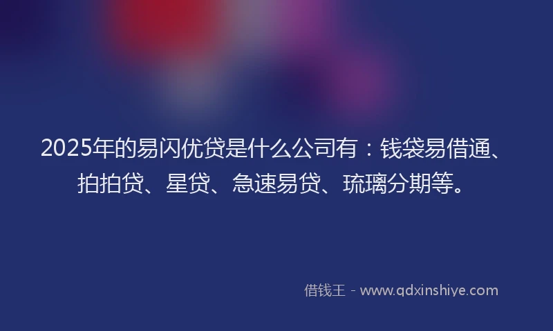 2025年的易闪优贷是什么公司有：钱袋易借通、拍拍贷、星贷、急速易贷、琉璃分期等。