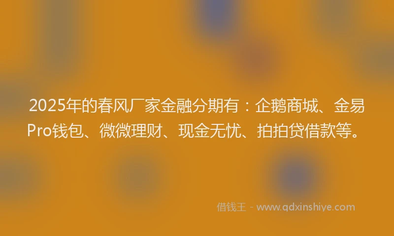 2025年的春风厂家金融分期有：企鹅商城、金易Pro钱包、微微理财、现金无忧、拍拍贷借款等。