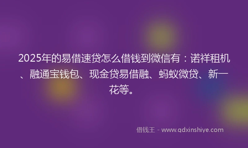 2025年的易借速贷怎么借钱到微信有：诺祥租机、融通宝钱包、现金贷易借融、蚂蚁微贷、新一花等。