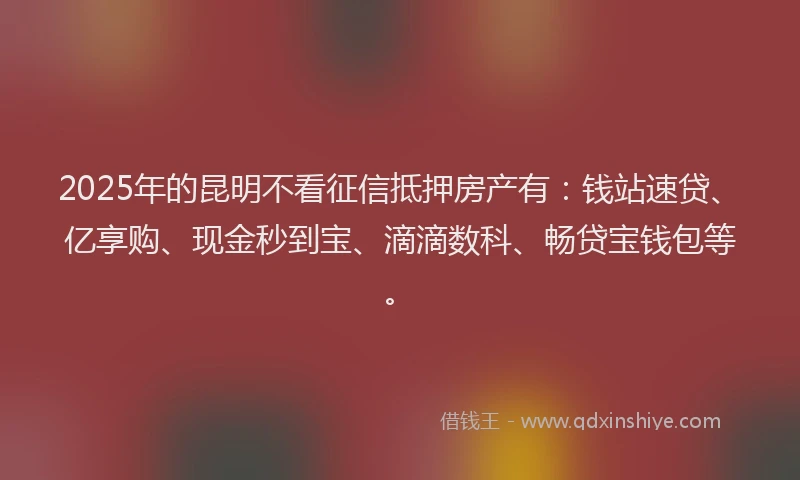 2025年的昆明不看征信抵押房产有：钱站速贷、亿享购、现金秒到宝、滴滴数科、畅贷宝钱包等。