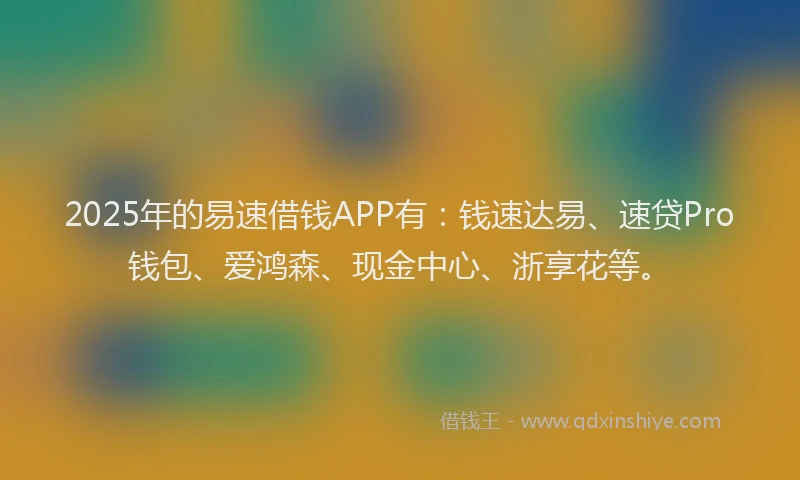 2025年的易速借钱APP有：钱速达易、速贷Pro钱包、爱鸿森、现金中心、浙享花等。