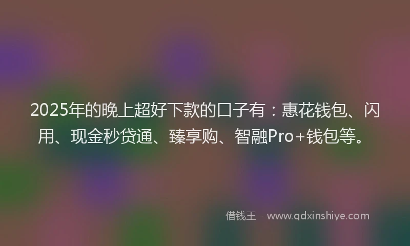 2025年的晚上超好下款的口子有：惠花钱包、闪用、现金秒贷通、臻享购、智融Pro+钱包等。