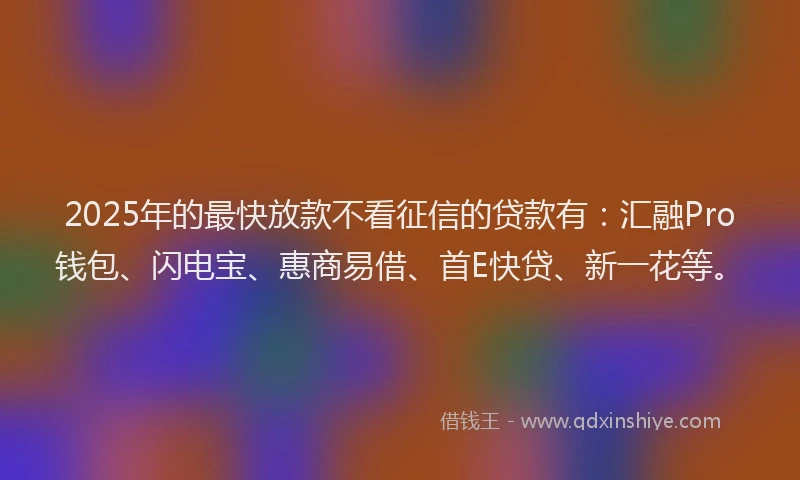 2025年的最快放款不看征信的贷款有：汇融Pro钱包、闪电宝、惠商易借、首E快贷、新一花等。