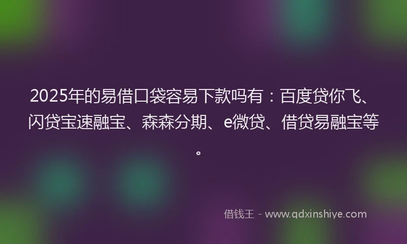 2025年的易借口袋容易下款吗有：百度贷你飞、闪贷宝速融宝、森森分期、e微贷、借贷易融宝等。