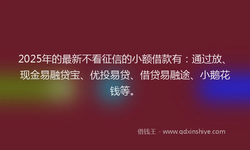 2025年的最新不看征信的小额借款有：通过放、现金易融贷宝、优投易贷、借贷易融途、小鹅花钱等。