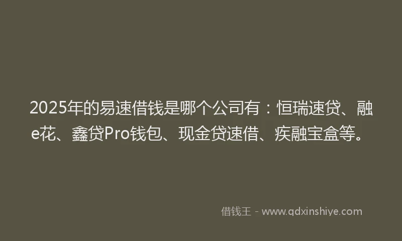 2025年的易速借钱是哪个公司有：恒瑞速贷、融e花、鑫贷Pro钱包、现金贷速借、疾融宝盒等。